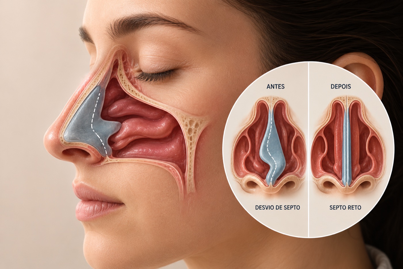 Ilustração anatômica do desvio de septo nasal — imagem ilustrativa